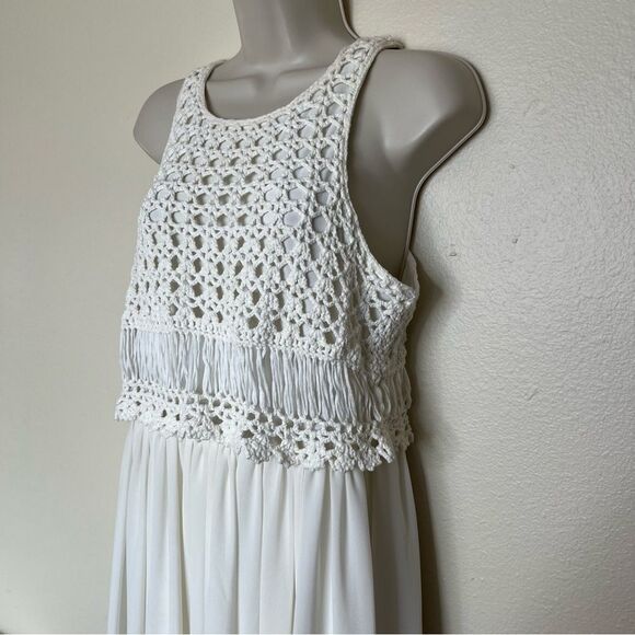 Belle Badgley Mischka Crochet Lace Sleeveless Maxi Chiffon Ivory Dress 10 FLAWS - Picture 4 of 15